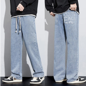 Wide Leg Jeans Men Baggy Pants Loose Fit Straight Cut Retro Blue Drawstring Fasshion Pockets Vintage Men's Trousers Streetwear 