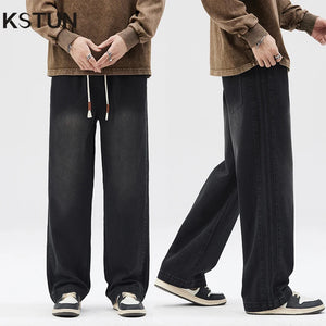 Mens Baggy Jeans Men Wide Leg Pants Loose Denim Trousers Casaul Black Jeans Side Stripes Vintage Elastic Waist Men's Clothing 