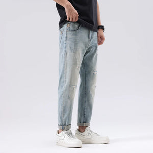 2024 Summer Ripped Jeans For Men Stretch Distressed Male Denim Pants Men's Cropped Pants Light Blue Harem Jeans Hip Hop Patched 