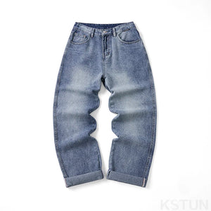 KSTUN Baggy Jeans Men Wide Leg Pants Loose Fit Straight Men's Pants Light Blue Fashion Pockets Trousers Cowboys 2024 New Kpop 