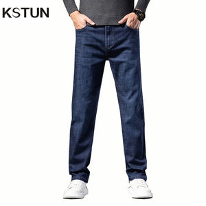 2024 Autumn Men Jeans Classic Business Casual Pants Straight Cut Solid Blue Denim Trousers Full Length Men's Clothing Hombre 