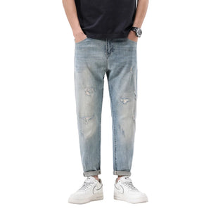 2024 Summer Ripped Jeans For Men Stretch Distressed Male Denim Pants Men's Cropped Pants Light Blue Harem Jeans Hip Hop Patched 