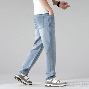 KSTUN Extended Length Jeans Men Extra Length Pants Mens Clothing Light Blue Streetwear Casual Straight Tall Man Trousers 120cm 