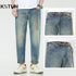 Harem Jeans Men Loose Fit  Men's Cropped Pants Ankle Length Retro Blue Fashion Sashes Designer Tapered High Quality