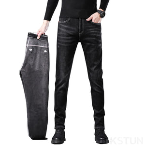 KSTUN Winter Black Jeans Men Warm Jeans Stretch Thicken Fleece Denim Pants Skinny Men's Trousers Fashion Desinger Mens Clothing 