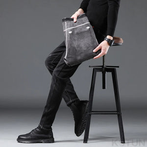 KSTUN Winter Black Jeans Men Warm Jeans Stretch Thicken Fleece Denim Pants Skinny Men's Trousers Fashion Desinger Mens Clothing 