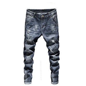 Biker Jeans Men Dark Blue Stretch Slim Fit Ripped Distressed Streetwear Denim Pants Casual Retro Man Trousers Hiphop Jean Homme 