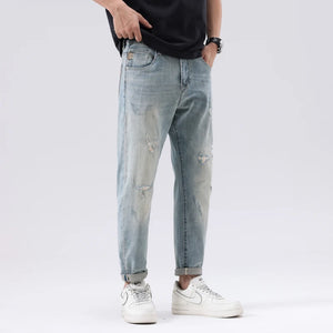 2024 Summer Ripped Jeans For Men Stretch Distressed Male Denim Pants Men's Cropped Pants Light Blue Harem Jeans Hip Hop Patched 