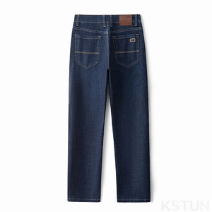 KSTUN Business Casual Jeans For Men Solid Blue Straight Cut Regular Fit Male Denim Pants 2024 New Arrival Full Length Trousers 