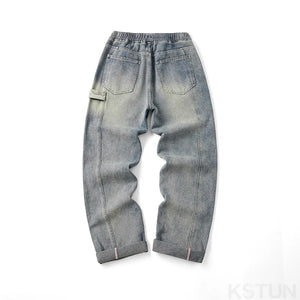 Retro Blue Jeans Men Baggy Pants Loose Fit Man Wide Leg Trousers Vintage Strawstring Fashion Desinger Striped Mens Clothing Boys 