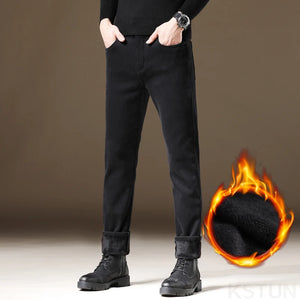 2024 Winter Black Jeans Men Warm Thicken Denim Pants With Fleece Slim Straight Regular Fit Stretch Casual Men's Trousers Clothes 