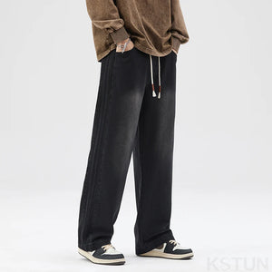 Mens Baggy Jeans Men Wide Leg Pants Loose Denim Trousers Casaul Black Jeans Side Stripes Vintage Elastic Waist Men's Clothing 