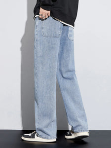 Wide Leg Jeans Men Baggy Pants Loose Fit Straight Cut Retro Blue Drawstring Fasshion Pockets Vintage Men's Trousers Streetwear 