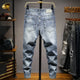 Hip Hop Jeans For Men Light Blue Ankle Length Pants Hollow Out Frayed Distressed Summer Jeans Men's Cropped Pants 100% Cotton 