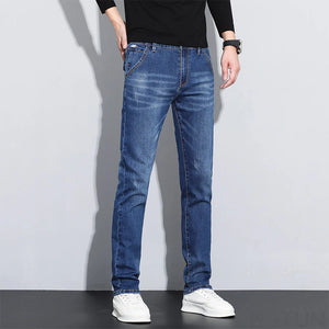 KSTUN Blue Stretch Jeans For Men Slim Straight Casual Male Denim Pants Mens Desinger Pockets Men's Clothing Full Length Trousers 