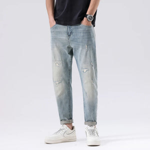 2024 Summer Ripped Jeans For Men Stretch Distressed Male Denim Pants Men's Cropped Pants Light Blue Harem Jeans Hip Hop Patched 