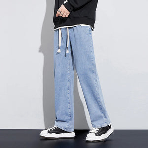 Wide Leg Jeans Men Baggy Pants Loose Fit Light Blue Elastic Waist Drawstring Fasshion Size Stipes Men's Trousers Streetwear 