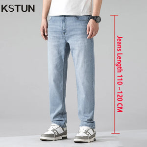 KSTUN Extended Length Jeans Men Extra Length Pants Mens Clothing Light Blue Streetwear Casual Straight Tall Man Trousers 120cm 