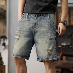 Men's Summer Shorts Jeans Men Denim Shorts Ripped Hip Hop Baggy Pants Knee Length Frayed Light Blue Loose Fit Wide Leg Jeans 