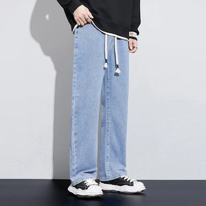 Wide Leg Jeans Men Baggy Pants Loose Fit Light Blue Elastic Waist Drawstring Fasshion Size Stipes Men's Trousers Streetwear 