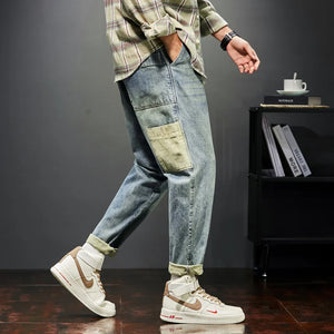 KSTUN Jeans Men Loose Fit Retro Blue 2024 Spring Wide Leg Pants Denim Trousers Korean Style Fashion Side Pocket Male Baggy Pants 