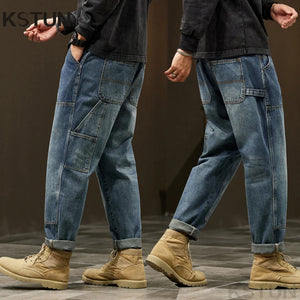 2024 Cargo Jeans Men Harem Pants Loose Baggy Pants Blue Patched Fashion Designer Pockets Trousers Oversized Tapered Streetwear 