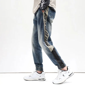 Jeans Men Oversize Pants Harem Joggers Elastic Waist Streetwear Side Striped Tapered Jeans Kpop Loose Fit Male Denim Trousers 