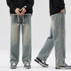 Black Jeans Men Baggy Pants Winter Straight Loose Thicken Fleece Denim Pants Men's Trousers Side Stripe Streetwear Elastic Waist