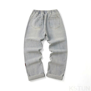 KSTUN Baggy Jeans Men Loose Fit Wide Leg Pants Casual Strawstring Male Denim Pants Retro Blue Men'Clothing Vintage Elastic Waist 