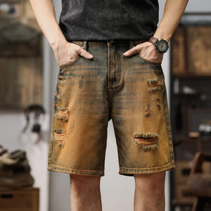 2024 Summer Denim Shorts Jeans Men Loose Fit Hip Hop Men's Shorts Baggy Jeans Distressed Hollow Out Retro Yellow Frayed Wide Leg 