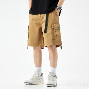 New Men's Casual Cargo Shorts Man Overalls Beach Sports Outdoor High Street Fashion Male Short Pants Loose Fit Elastic Waist 