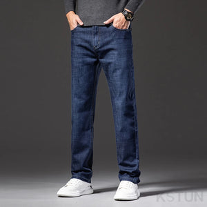 2024 Autumn Men Jeans Classic Business Casual Pants Straight Cut Solid Blue Denim Trousers Full Length Men's Clothing Hombre 