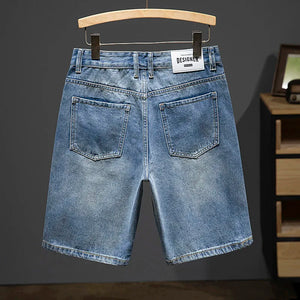 2024 Summer Denim Shorts Jeans Slim Straight Blue Streetwear Men's Shorts Knee Length Pants Casual Side Striped Cowboys Hombre 