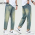 Stretch Jeans Men Harem Pants Retro Blue Tapered 2024 Summer Ankle Length Streetwear Scratches Men's Clothing Cropped Jeans