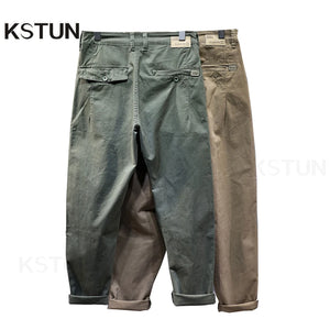 KSTUN Men Baggy Straight Leg Harem Pants Stretch Loose Fit Green Khaki Men's Clothing Full Length Trousers Trendy New Man Kpop 