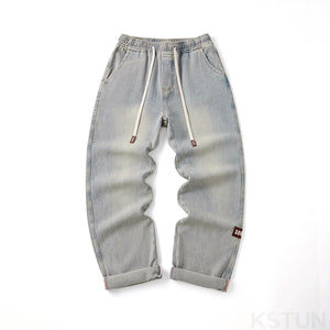 KSTUN Baggy Jeans Men Loose Fit Wide Leg Pants Casual Strawstring Male Denim Pants Retro Blue Men'Clothing Vintage Elastic Waist 