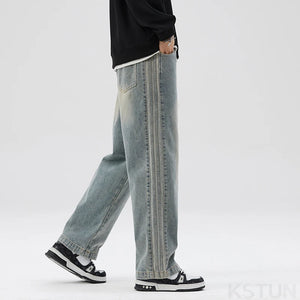 KSTUN Wide Leg Pants Men Baggy Jeans Loose Straight Elastic Waist Side Stripes Mens Desinger Clothing Denim Trousers Streetwear 