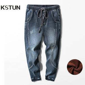 KSTUN 2024 Winter Jeans Men Warm Pants Fleece Joggers Jeans Harem Pants Thicken Stretch Streetwear Denim Trousers Large Size 42 