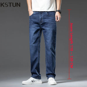 KSTUN Men Jeans Pants Extended Length Trousers Business Casual Classic Blue Straight Men's Clothing Extra Length Tall Men 190 cm 