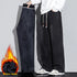 Black Jeans Men Baggy Pants Winter Straight Loose Thicken Fleece Denim Pants Men's Trousers Side Stripe Streetwear Elastic Waist