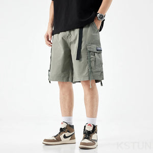 New Men's Casual Cargo Shorts Man Overalls Beach Sports Outdoor High Street Fashion Male Short Pants Loose Fit Elastic Waist 