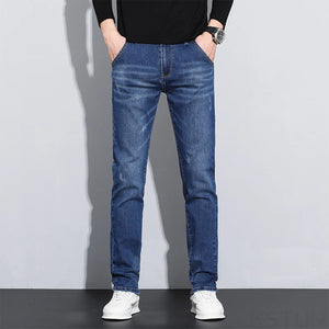 KSTUN Blue Stretch Jeans For Men Slim Straight Casual Male Denim Pants Mens Desinger Pockets Men's Clothing Full Length Trousers 