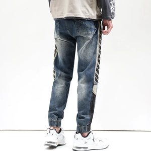 Jeans Men Oversize Pants Harem Joggers Elastic Waist Streetwear Side Striped Tapered Jeans Kpop Loose Fit Male Denim Trousers 