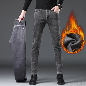 2024 Winter Warm Jeans For Men Thicken Jeans With Fleece Stretch Slim Skinny Denim Pants Gray Boys Trousers Mens Clothing Cowboy 