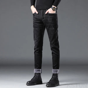 KSTUN Winter Black Jeans Men Warm Jeans Stretch Thicken Fleece Denim Pants Skinny Men's Trousers Fashion Desinger Mens Clothing 