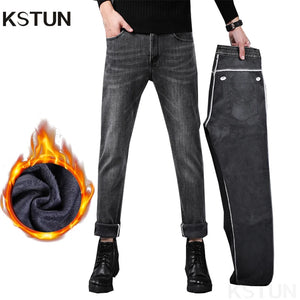 Men's Warm Jeans Pants 2024 Winter Trousers Fleece Thicken Denim Clothes Slim SKinny Casual Gray Stretch Mens Clothing Cowboys 