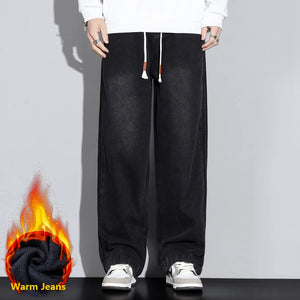 Black Jeans Men Baggy Pants Winter Straight Loose Thicken Fleece Denim Pants Men's Trousers Side Stripe Streetwear Elastic Waist 