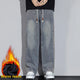 Black Jeans Men Baggy Pants Winter Straight Loose Thicken Fleece Denim Pants Men's Trousers Side Stripe Streetwear Elastic Waist 