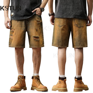 2024 Summer Denim Shorts Jeans Men Loose Fit Hip Hop Men's Shorts Baggy Jeans Distressed Hollow Out Retro Yellow Frayed Wide Leg 