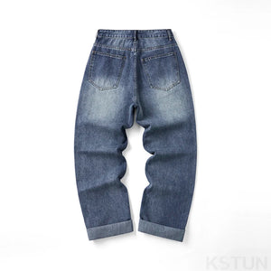 KSTUN Wide Leg Jeans Men Baggy Pants Straight Cut Loose Fit Blue Male Denim Pants Streetwear Men's Clothing Fashion Side Striped 